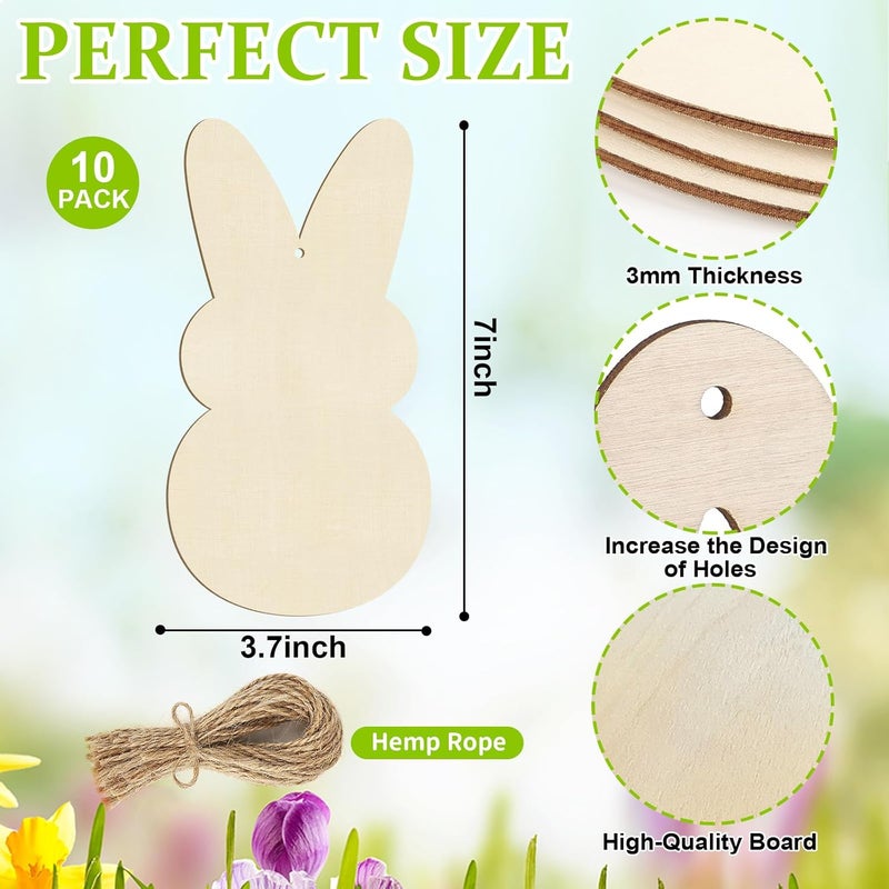 Sophena Large Size 7 inch Wooden Easter Ornaments to Paint, Wooden Rabbit Bunny Happy Easter Cutouts DIY Blank Unfinished Round Spring Wood Discs Ornament for Crafts Hanging Decorations 10PCS - Image 2